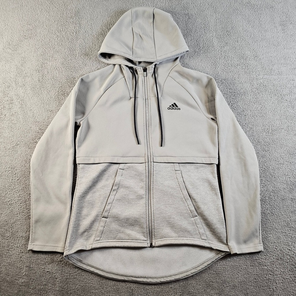 Adidas Climawarm Small Full Zip Hoodie Grey Three Stripe High Low Hem Sweatshirt